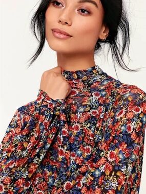 Free People All Dolled Up Black Floral Print Mesh Long Sleeve top